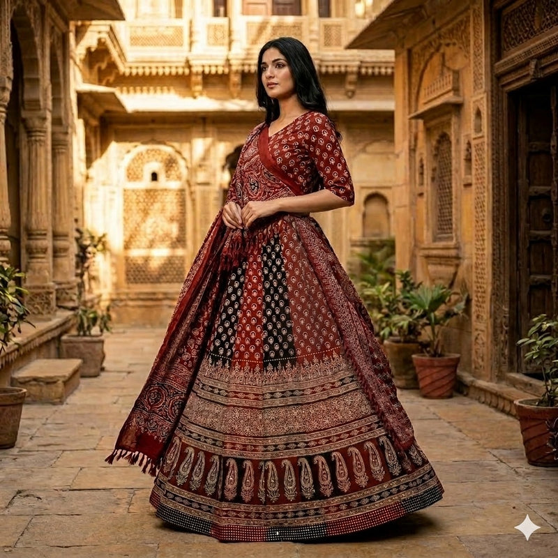 Sanskriti New Brown Pure Cotton Skirt Choli Dupatta Set Ajrakh Hand Block Print