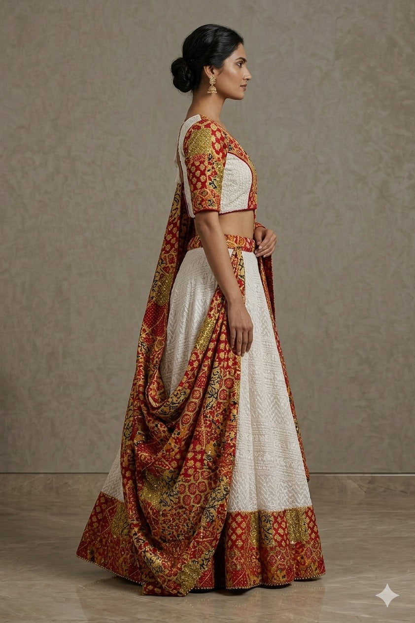 Sanskriti New White Georgette Skirt Choli Dupatta Set Hand Embroidery Chikankari