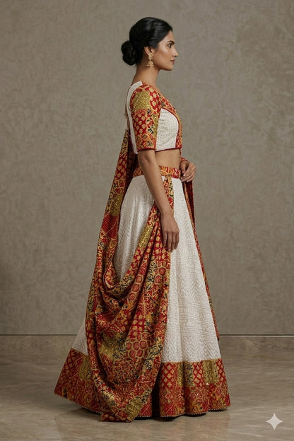 Sanskriti New White Georgette Skirt Choli Dupatta Set Hand Embroidery Chikankari