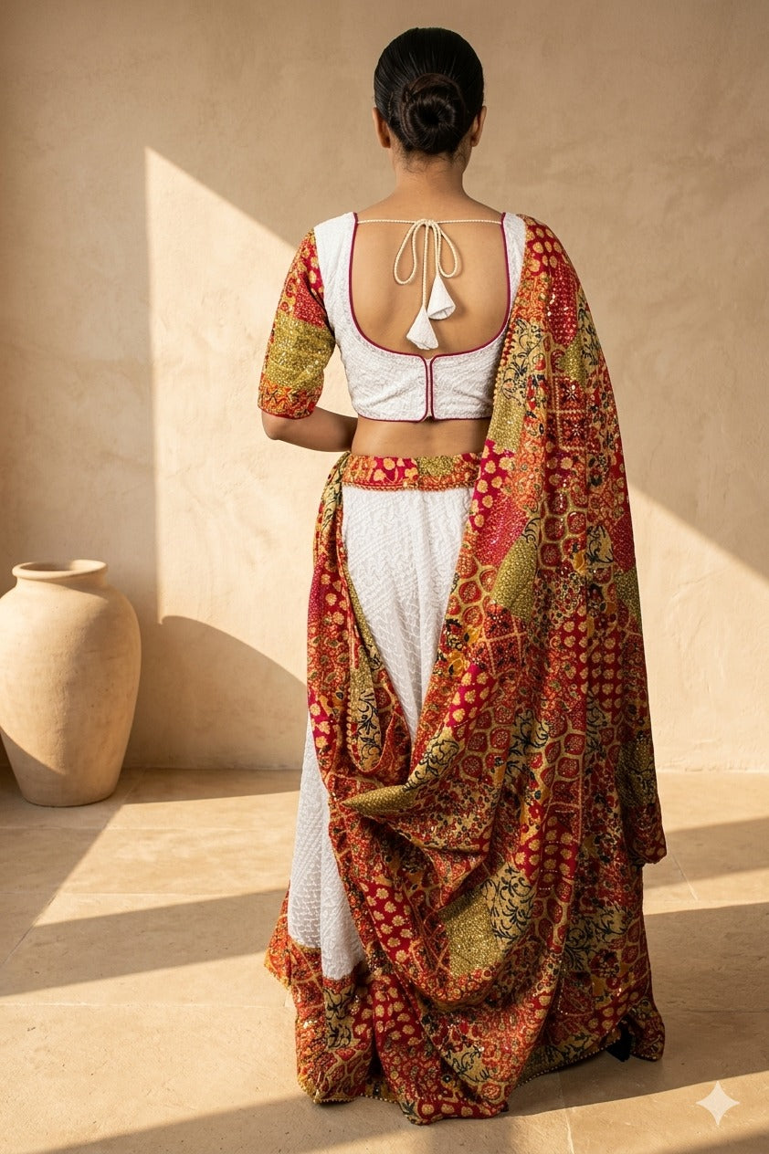 Sanskriti New White Georgette Skirt Choli Dupatta Set Hand Embroidery Chikankari