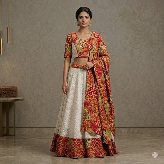 Sanskriti New White Georgette Skirt Choli Dupatta Set Hand Embroidery Chikankari