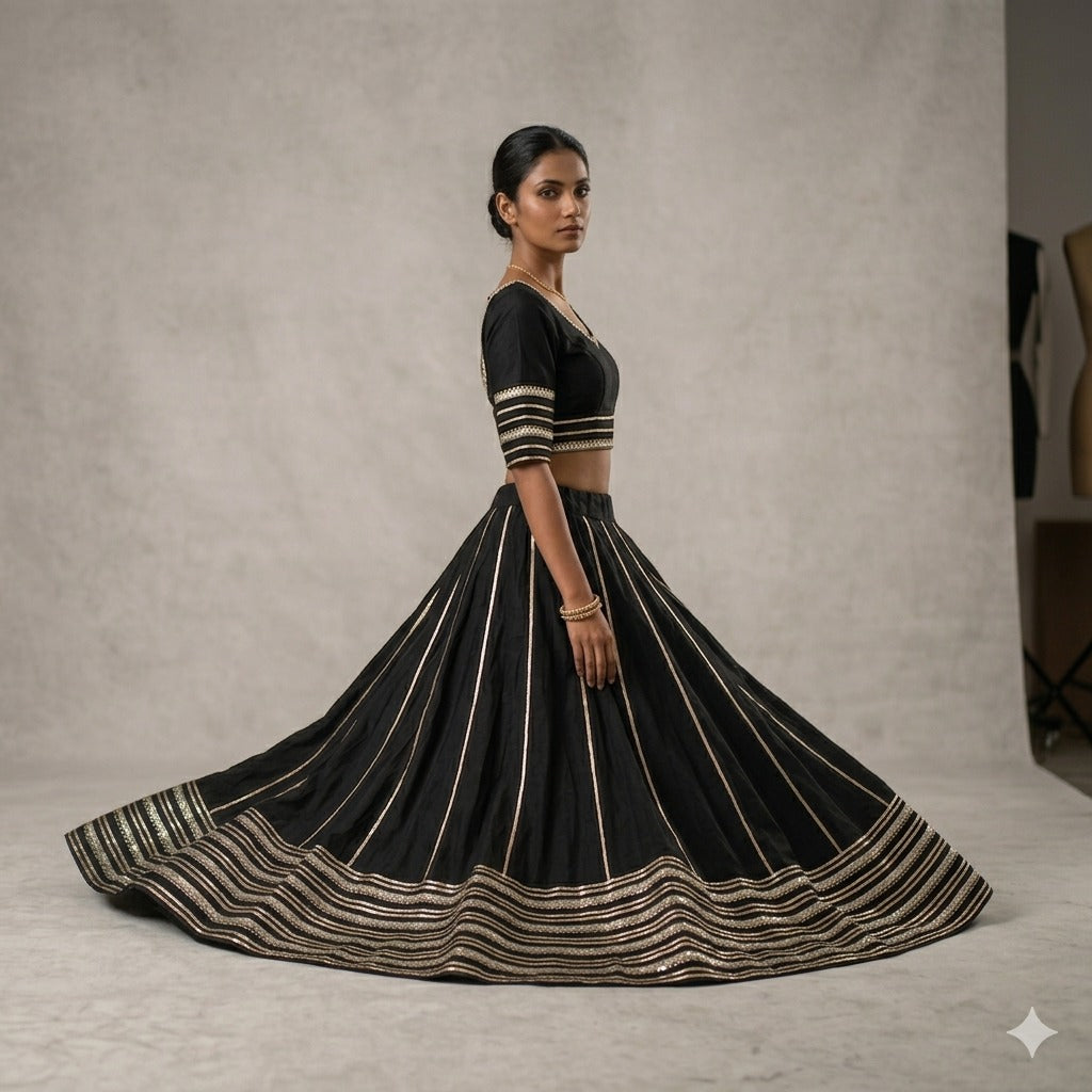 Sanskriti New Black Soft Art Silk Skirt Choli Set Gota Lace Embroidered Sequins