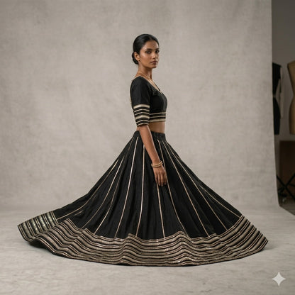 Sanskriti New Black Soft Art Silk Skirt Choli Set Gota Lace Embroidered Sequins