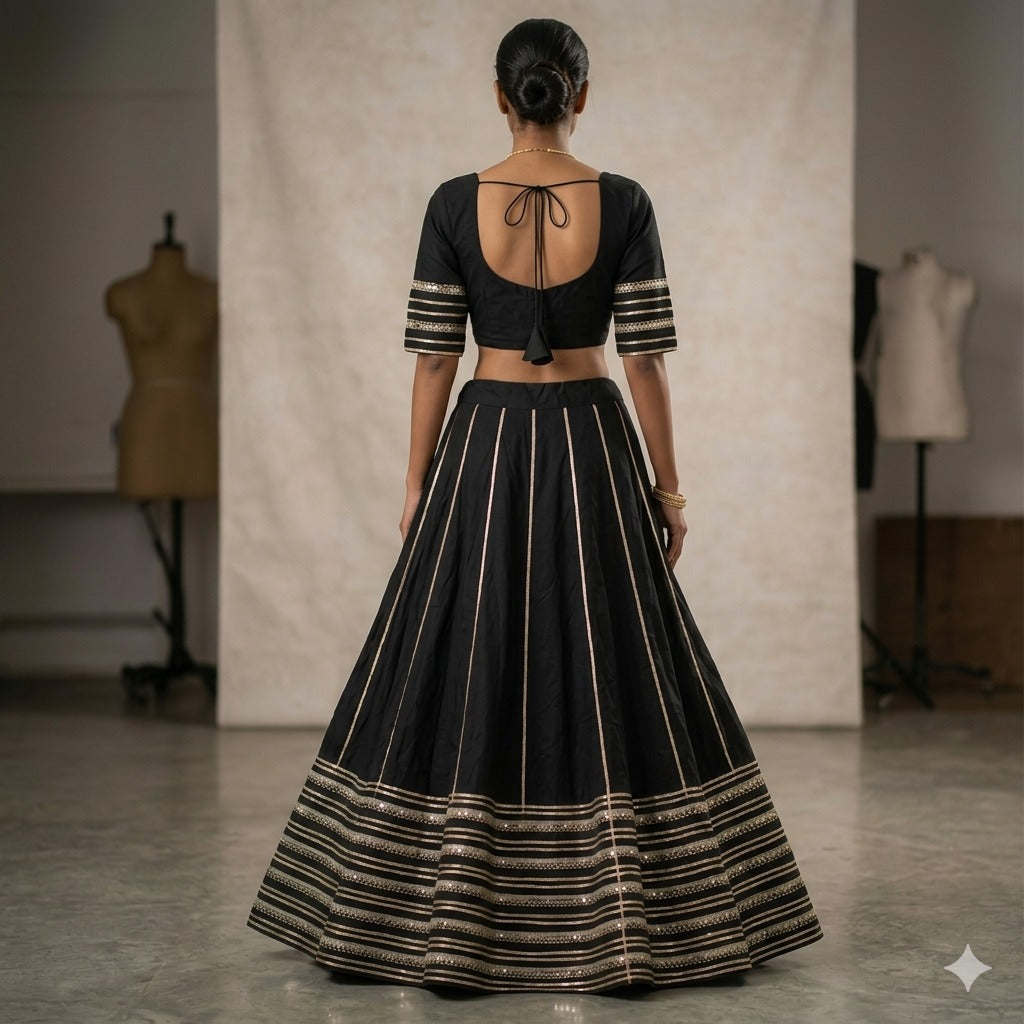 Sanskriti New Black Soft Art Silk Skirt Choli Set Gota Lace Embroidered Sequins
