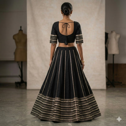 Sanskriti New Black Soft Art Silk Skirt Choli Set Gota Lace Embroidered Sequins