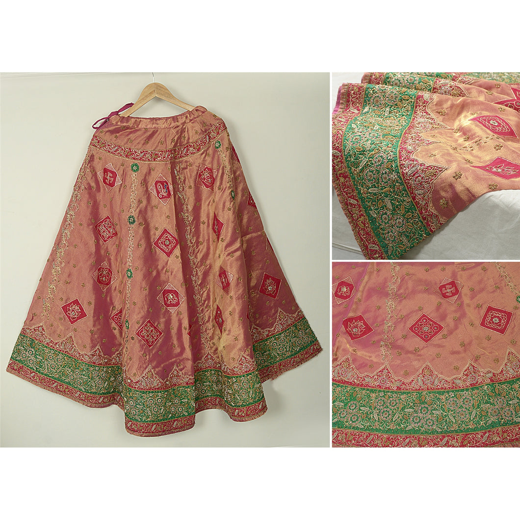 Vintage Indian Bollywood Women Long Skirt Hand Beaded Golden Pink M Size Lehenga