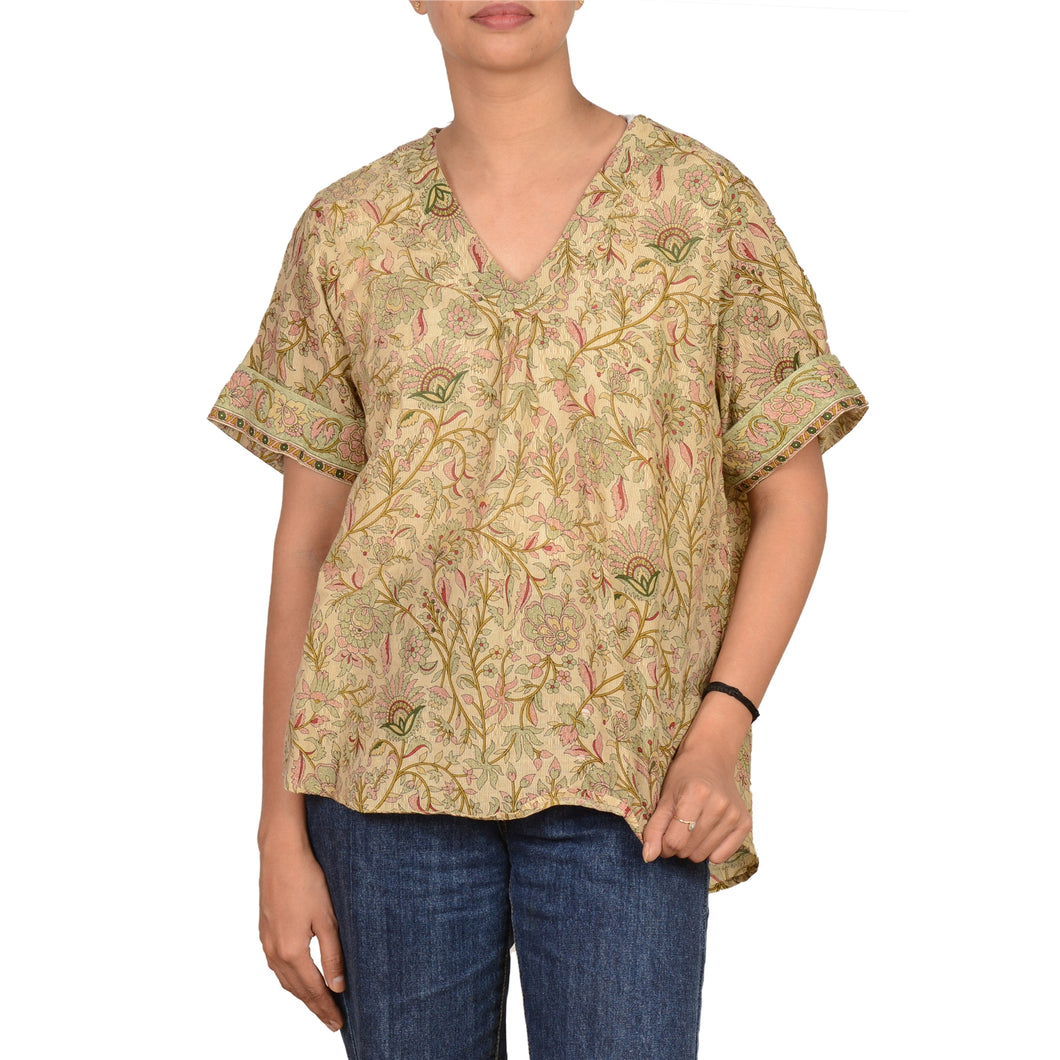 Sanskriti Vintage High Low Top V-Neck Pure Silk Floral Upcycled Blouse Free Size