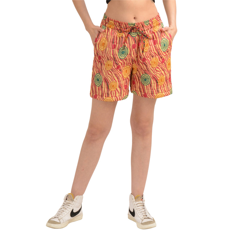Sanskriti Vintage Quilted Women's Shorts Pockets Upcycled Pure Cotton Adjustable upholstery fabric