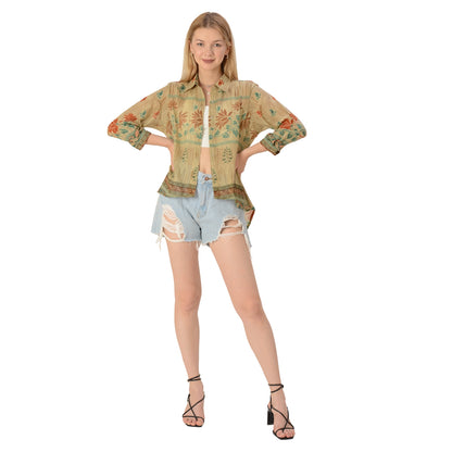 Sanskriti Vintage Limited Edition Beige Floral Shirt Upcycled Pure Cotton Freesize