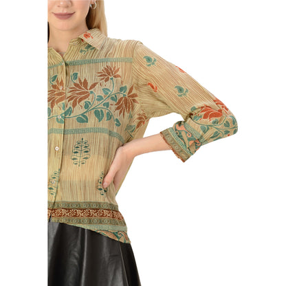 Sanskriti Vintage Limited Edition Beige Floral Shirt Upcycled Pure Cotton Freesize