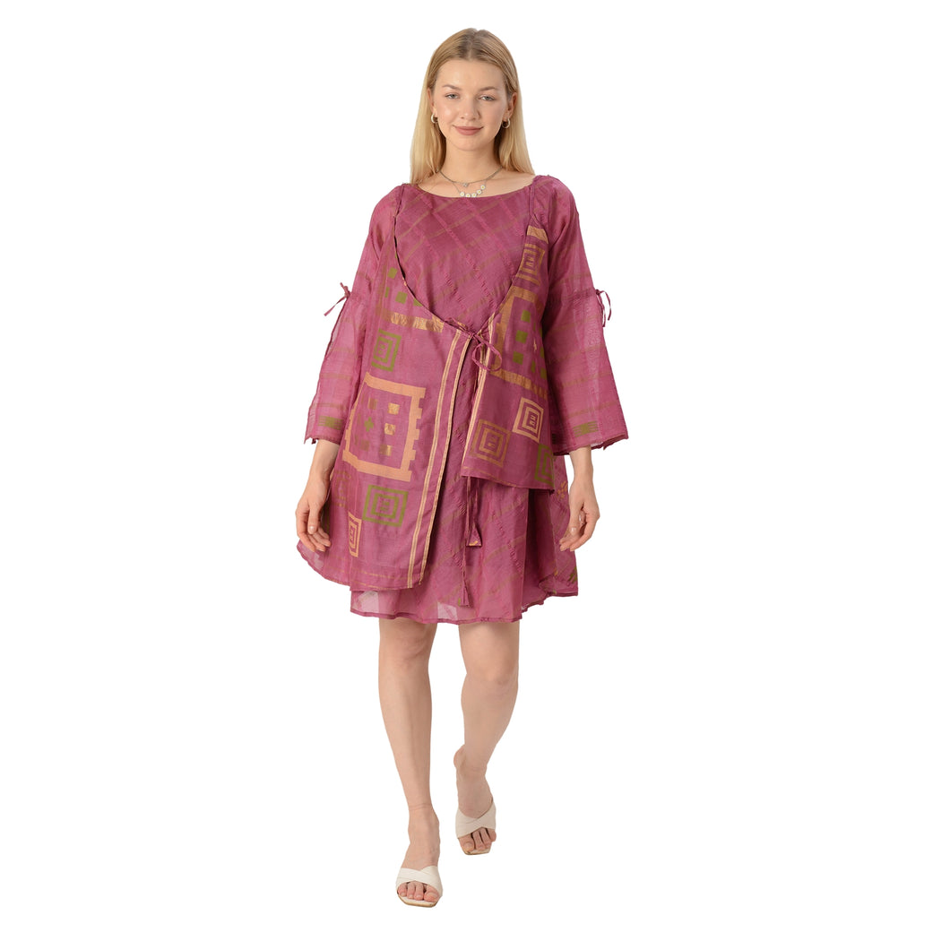 Limited Edition Sanskriti Vintage Tunic Dress with Jacket, Pure Tussar Silk Upcycled Sari, Free Size