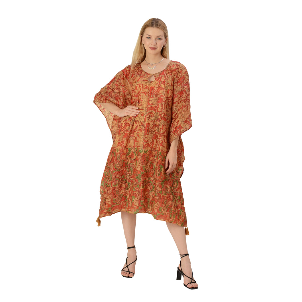 Limited Edition Sanskriti India Keyhole Kaftan Pure Silk Upcycled Dress FreeSize