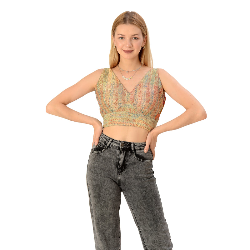 Sanskriti Vintage Limited Edition Upcycled Kantha Blouse Sleeveless Free Size Top upholstery fabric