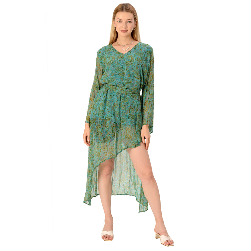 Sanskriti Vintage Limited Edition Зеленое асимметричное платье из цветочного жоржета, переработанное
