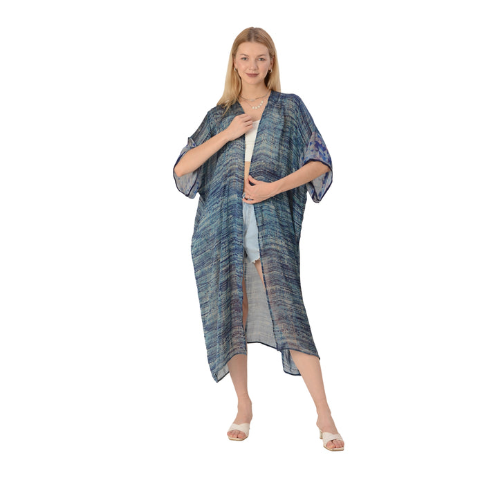 Sanskriti Vintage Boho Silk Kimono Duster Jacket, Upcycled Pure Silk Robe, Blue Vintage Kimono Shrug for Women, Luxury Resort Wear