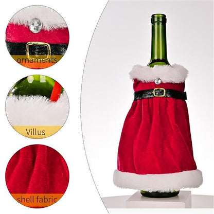 Christmas Wine Bottle Cover Set, 2Pc Santa Claus Dress Wine Sweater, Holiday Dining Table Decor, Secret Gift Bag, Velvet Wrap By KreatvKraft