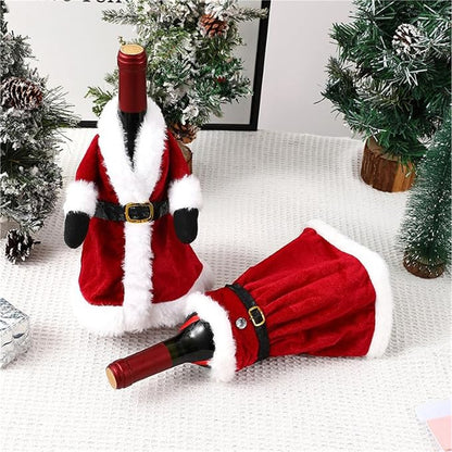 Christmas Wine Bottle Cover Set, 2Pc Santa Claus Dress Wine Sweater, Holiday Dining Table Decor, Secret Gift Bag, Velvet Wrap By KreatvKraft