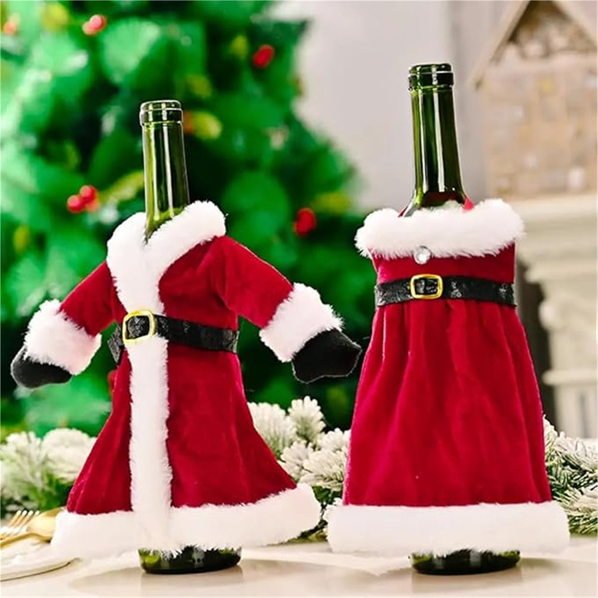 Christmas Wine Bottle Cover Set, 2Pc Santa Claus Dress Wine Sweater, Holiday Dining Table Decor, Secret Gift Bag, Velvet Wrap By KreatvKraft