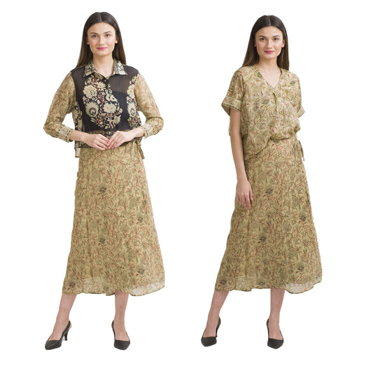 Sanskriti Vintage Long Skirt and Shirt Set Cream Pure Crepe Silk Printed Floral