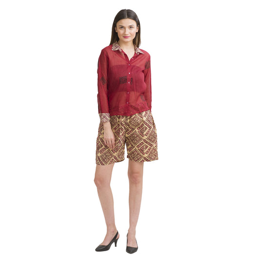 Sanskriti Vintage Shirt and Shorts Set Red Pure Cotton Printed Geometric