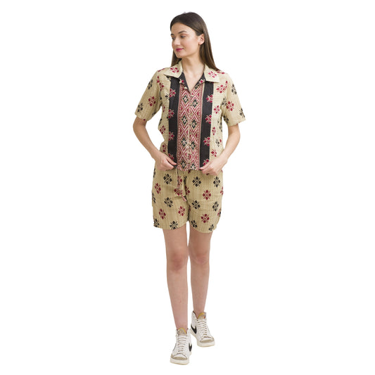 Sanskriti Vintage Shirt and Shorts Set Beige Pure Cotton Printed Geometric
