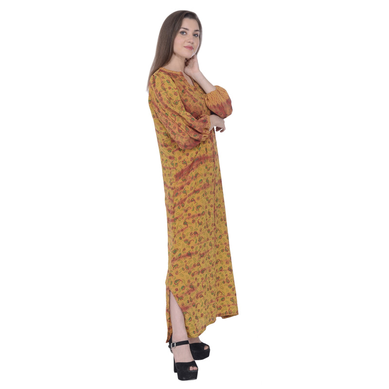 Sanskriti Vintage 100% Pure Crepe Silk Mustard Printed Long Dress Casual/Beach Wear