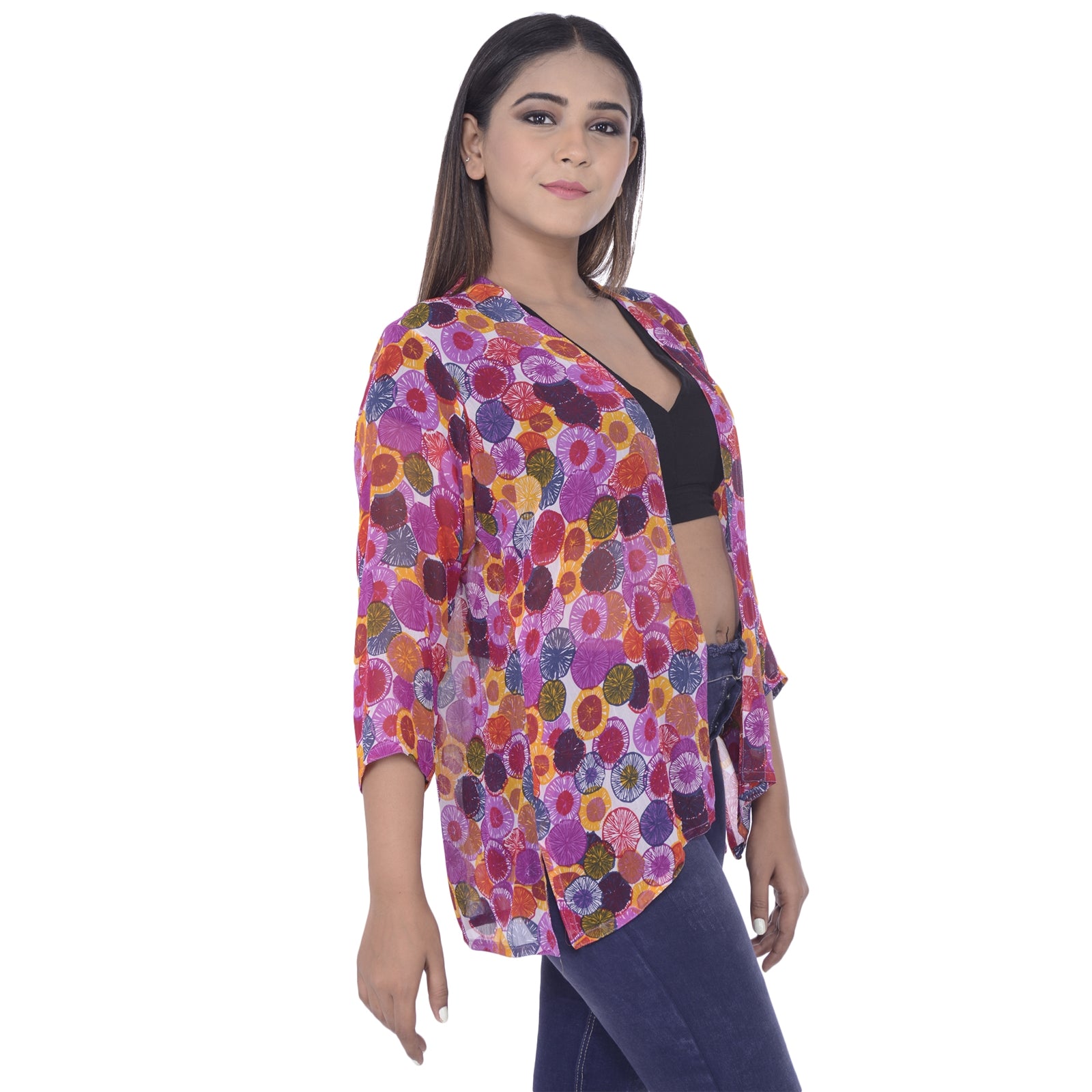 Sanskriti 100% ren Georgette cirkulært trykt kort skuldertræk afslappet/strandtøj