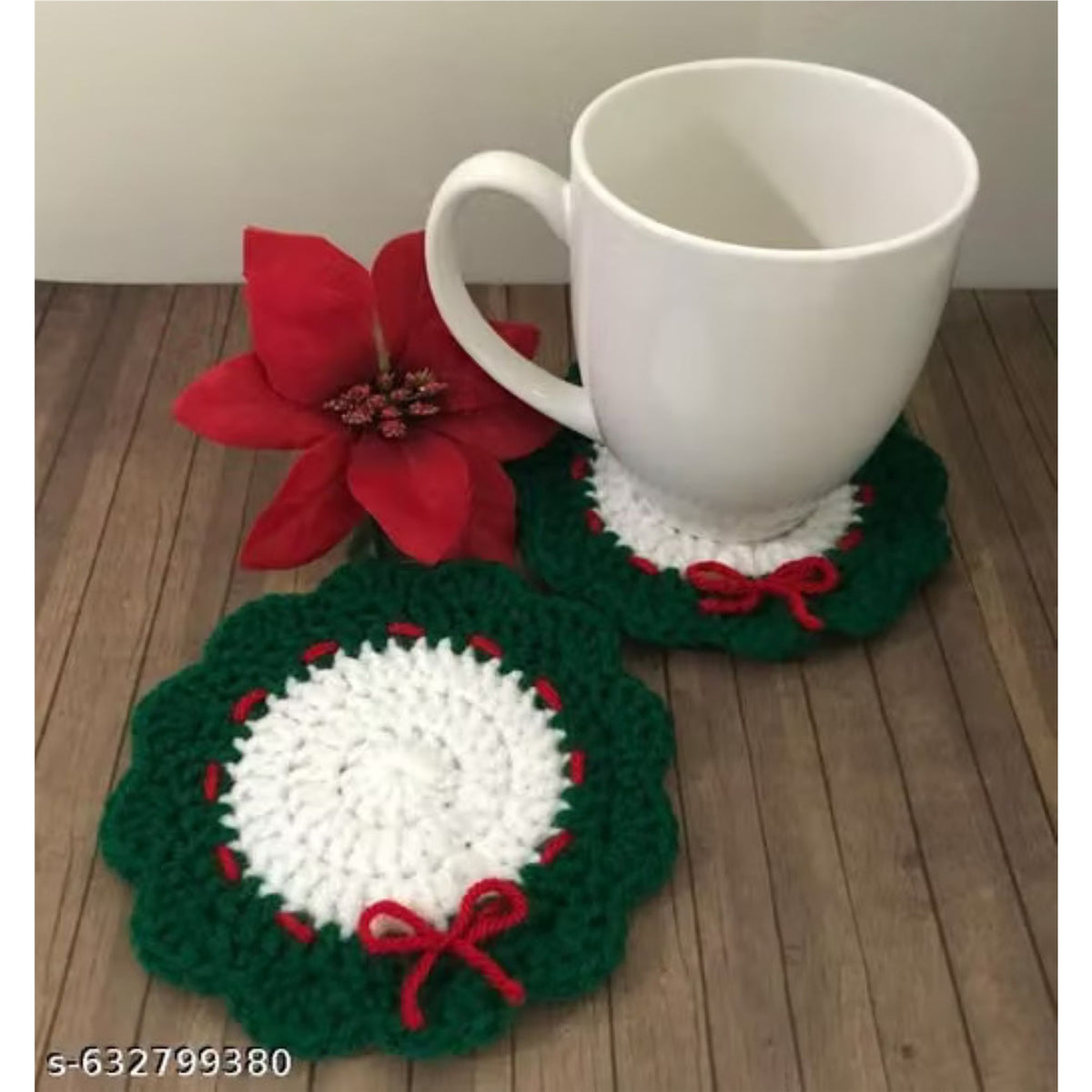 Sanskriti 6 Pc Christmas Cup Coaster Set Crochet Holiday Tea Mug Mat Decor/Gift