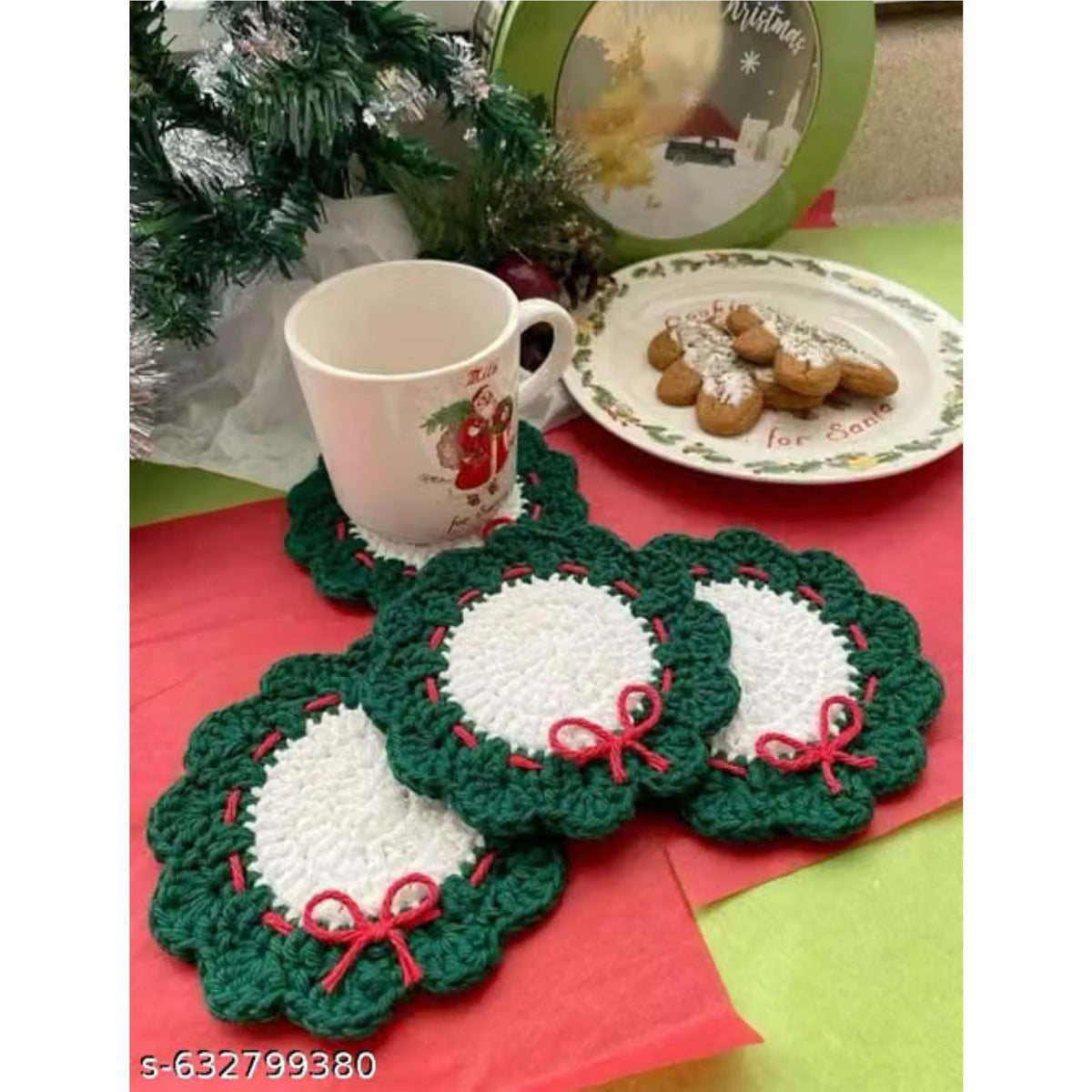 Sanskriti 6 Pc Christmas Cup Coaster Set Crochet Holiday Tea Mug Mat Decor/Gift