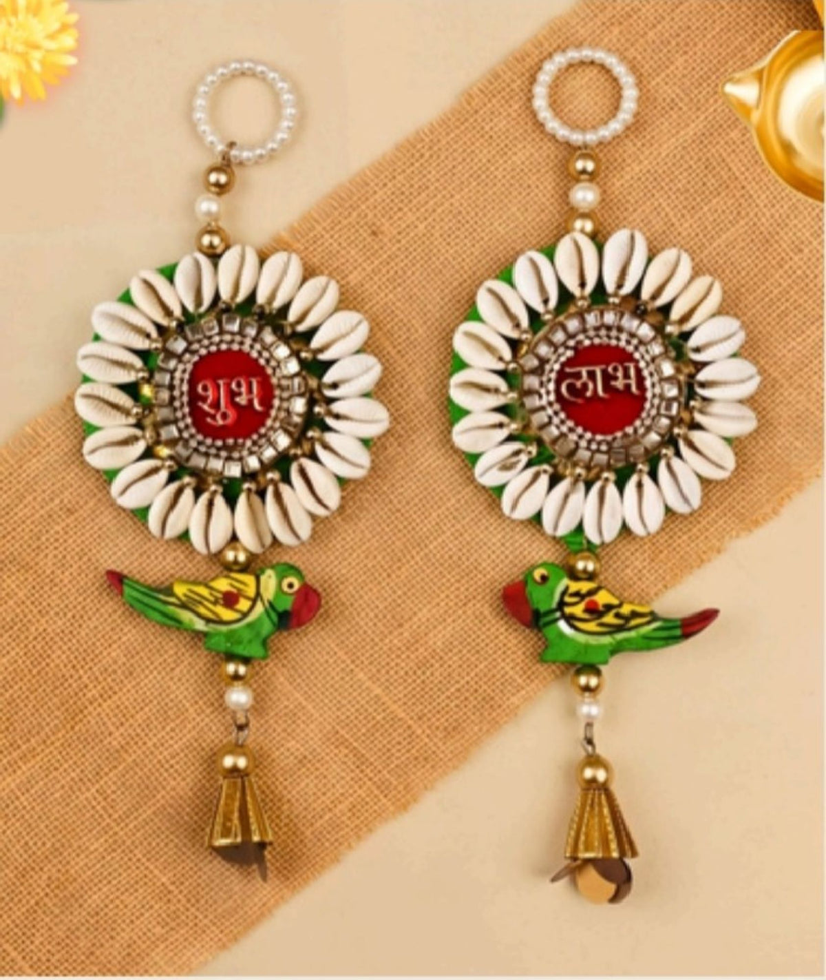 Sanskriti 2pc Handmade Shubh Labh Door Hanging Reusable Diwali Decor Shell Toran