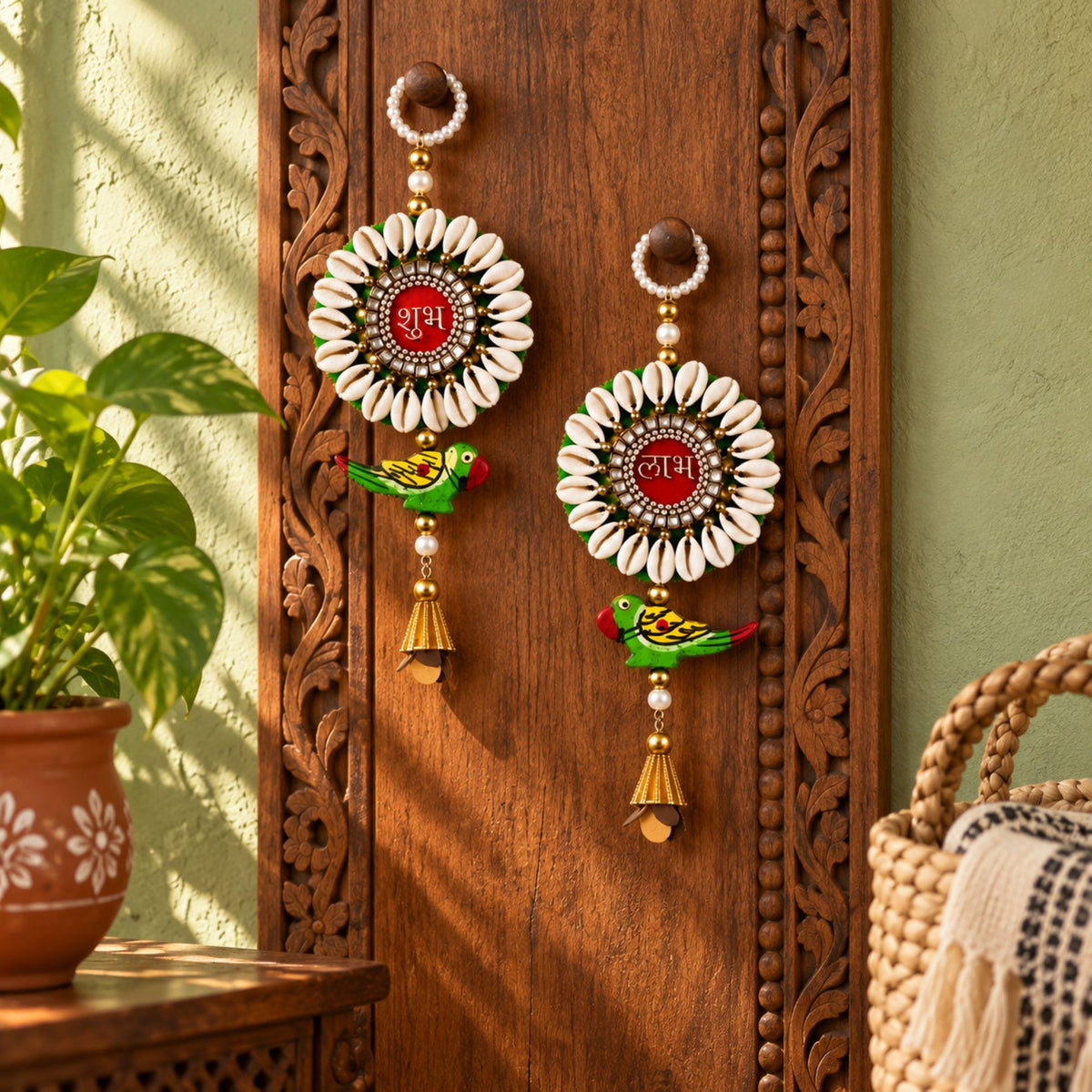 Sanskriti 2pc Handmade Shubh Labh Door Hanging Reusable Diwali Decor Shell Toran