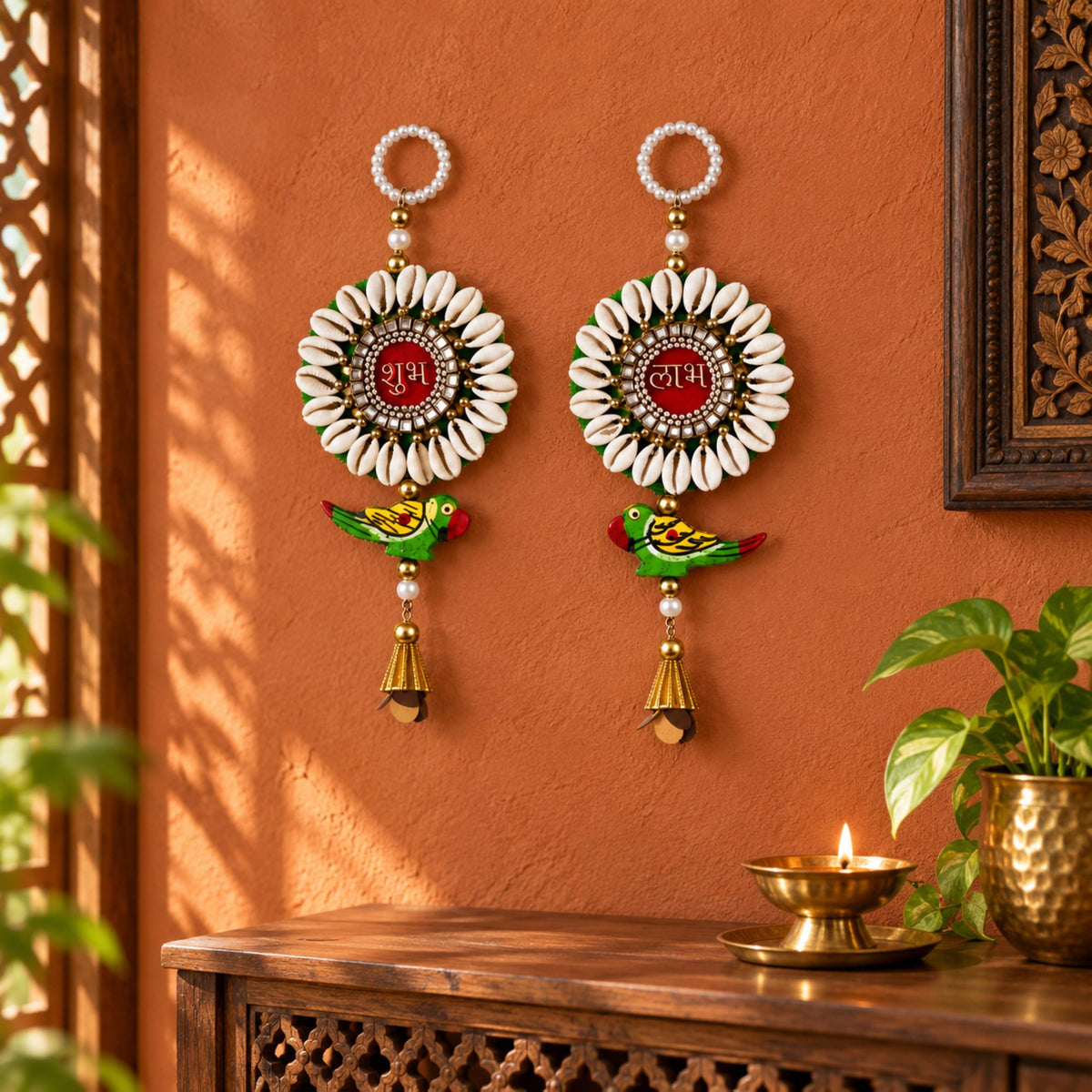 Sanskriti 2pc Handmade Shubh Labh Door Hanging Reusable Diwali Decor Shell Toran