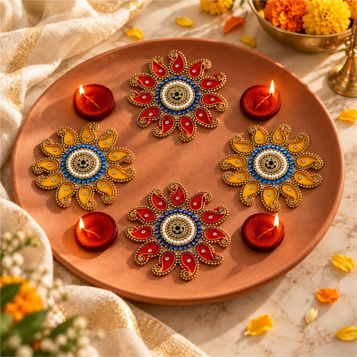 Sanskriti Handcraft Acrylic Kundan Rangoli Set 4pc – Reusable Diwali Floor Decor
