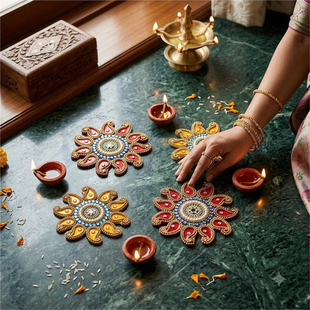 Sanskriti Handcraft Acrylic Kundan Rangoli Set 4pc – Reusable Diwali Floor Decor