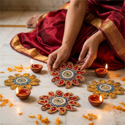 Sanskriti Handcraft Acrylic Kundan Rangoli Set 4pc – Reusable Diwali Floor Decor
