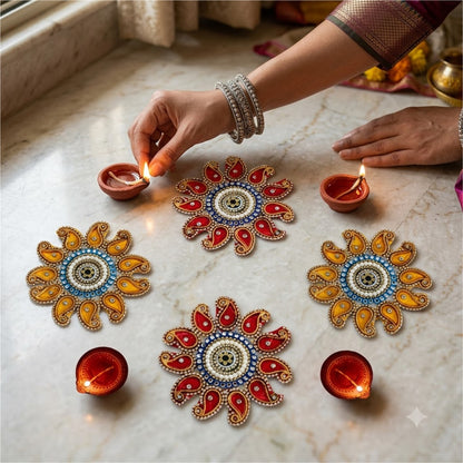 Sanskriti Handcraft Acrylic Kundan Rangoli Set 4pc – Reusable Diwali Floor Decor