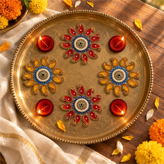 Sanskriti Handcraft Acrylic Kundan Rangoli Set 4pc – Reusable Diwali Floor Decor