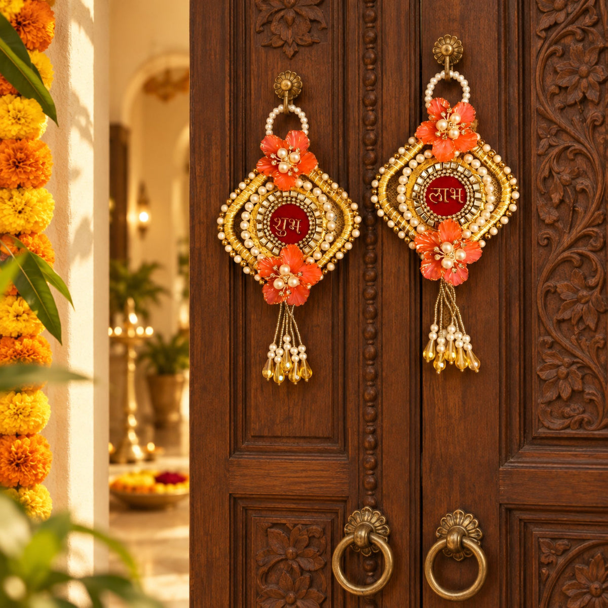 Sanskriti Handmade Shubh Labh Door Hanging 2pc Reusable Diwali Deco Beaded Toran