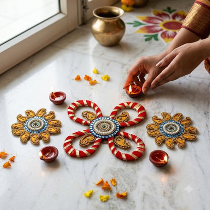 Sanskriti Handcraft Acrylic Kundan Rangoli Set 3pc – Reusable Diwali Floor Decor