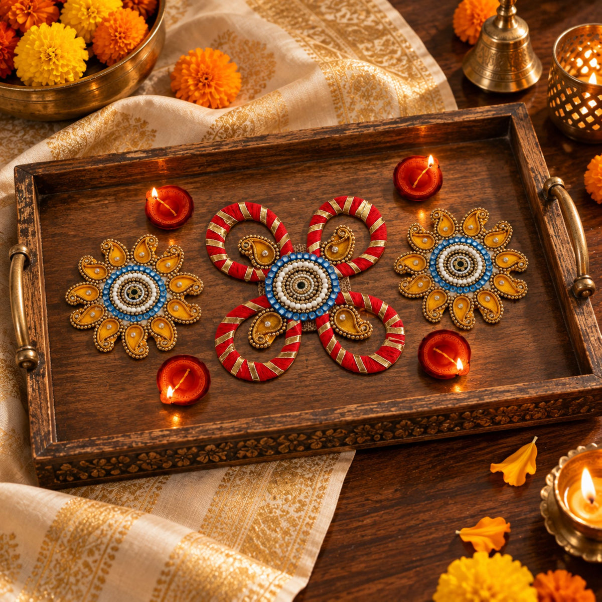 Sanskriti Handcraft Acrylic Kundan Rangoli Set 3pc – Reusable Diwali Floor Decor