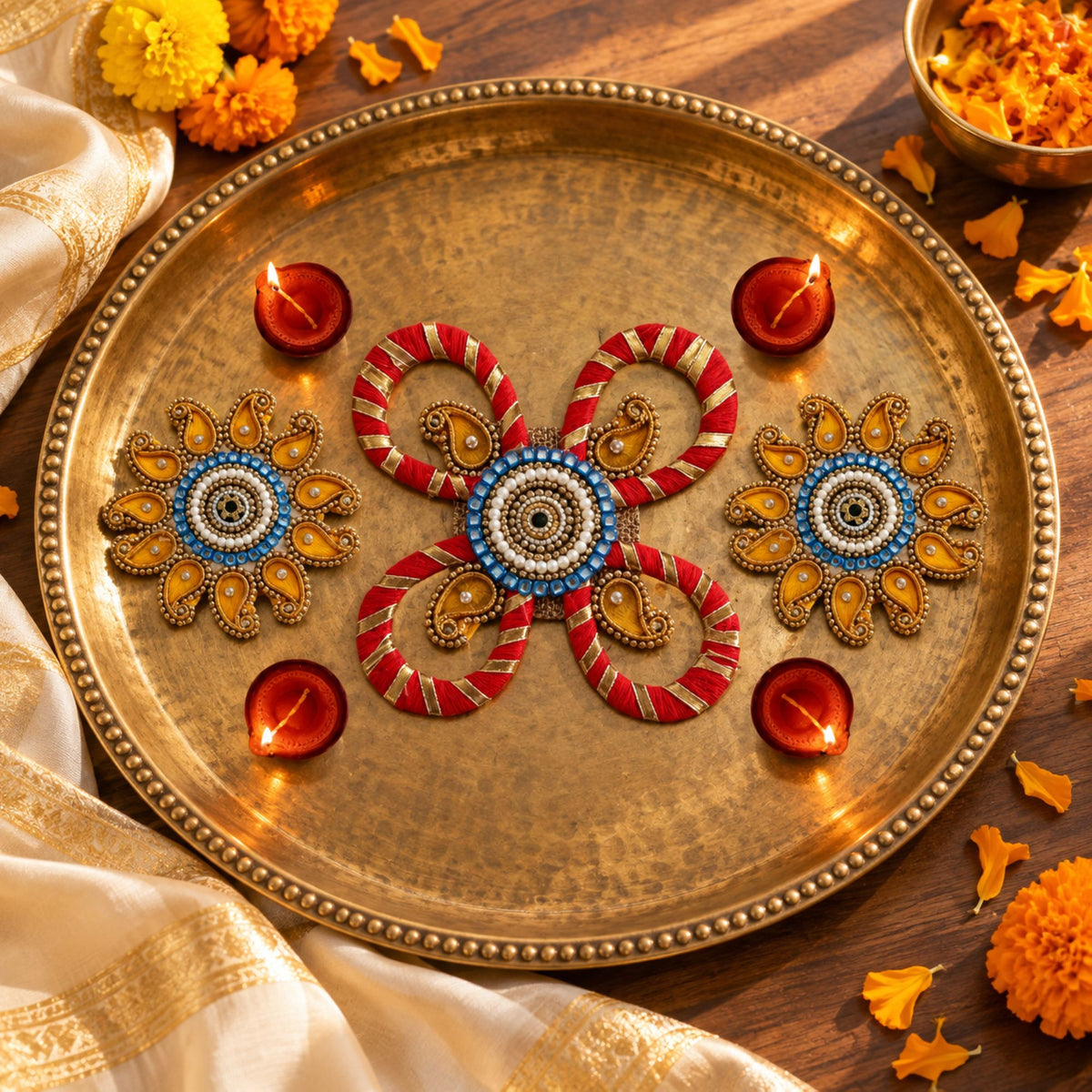 Sanskriti Handcraft Acrylic Kundan Rangoli Set 3pc – Reusable Diwali Floor Decor