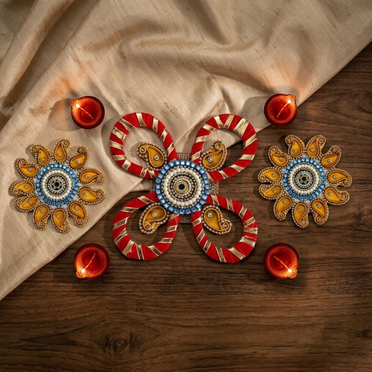 Sanskriti Handcraft Acrylic Kundan Rangoli Set 3pc – Reusable Diwali Floor Decor