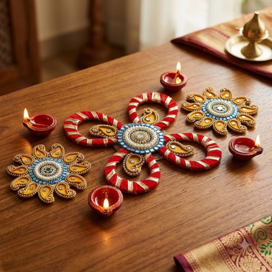 Sanskriti Handcraft Acrylic Kundan Rangoli Set 3pc – Reusable Diwali Floor Decor
