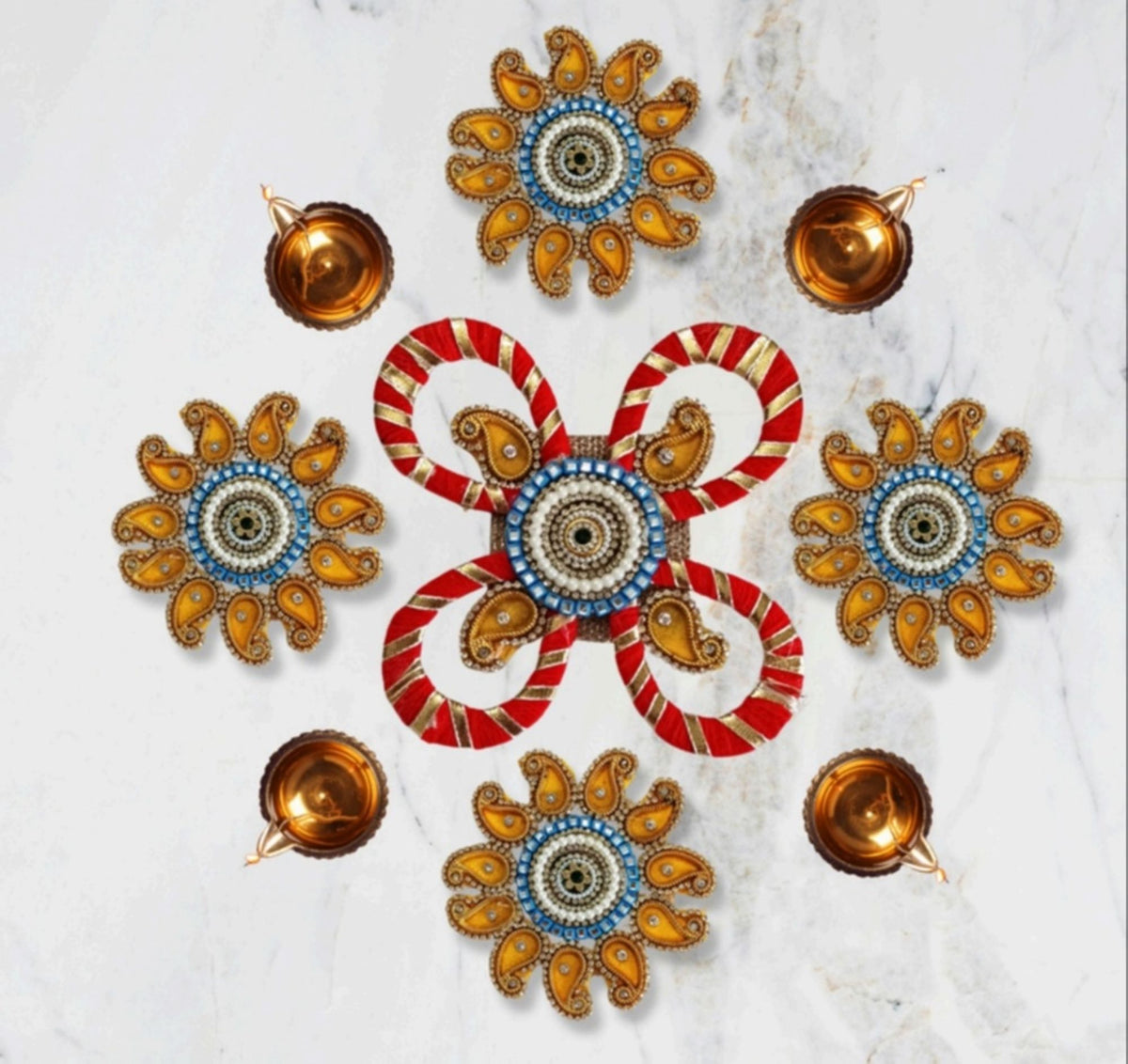 Sanskriti Handcraft Acrylic Kundan Rangoli Set 5pc – Reusable Diwali Floor Decor