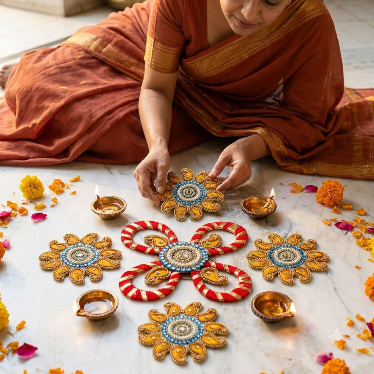 Sanskriti Handcraft Acrylic Kundan Rangoli Set 5pc – Reusable Diwali Floor Decor