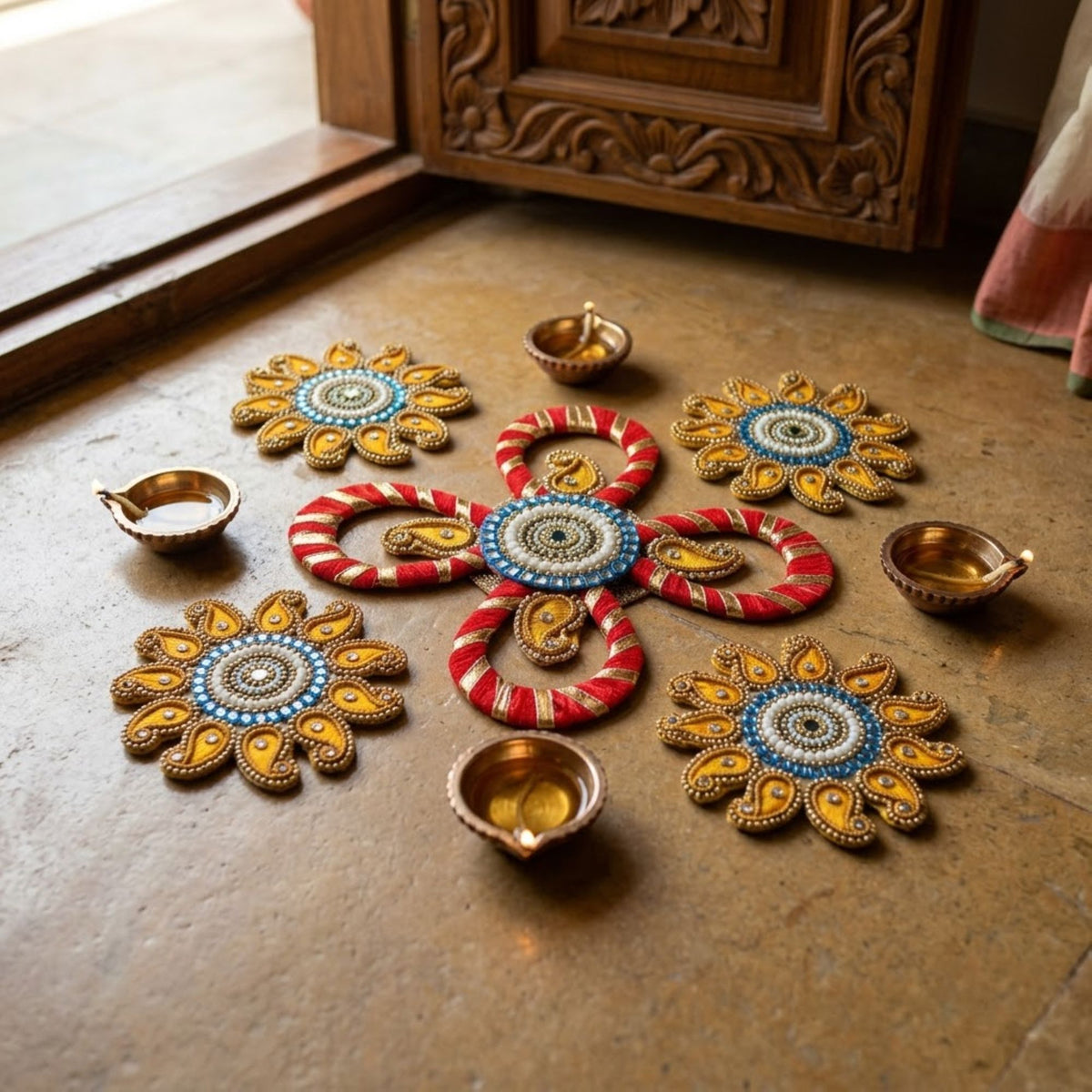 Sanskriti Handcraft Acrylic Kundan Rangoli Set 5pc – Reusable Diwali Floor Decor