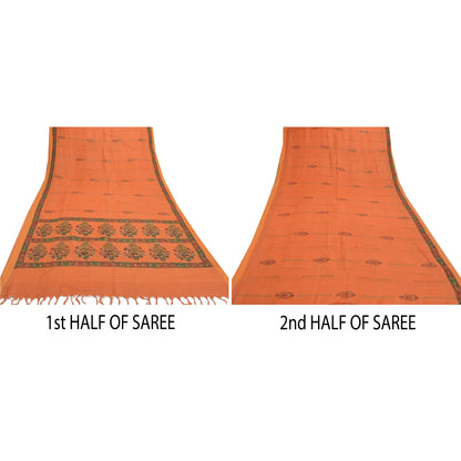 Sanskriti Vintage Orange Sarees 100% Pure Woolen Fabric Handmade/Printed Sari