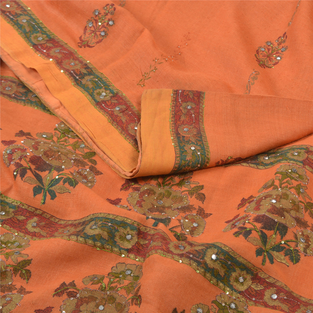 Sanskriti Vintage Orange Sarees 100% Pure Woolen Fabric Handmade/Printed Sari
