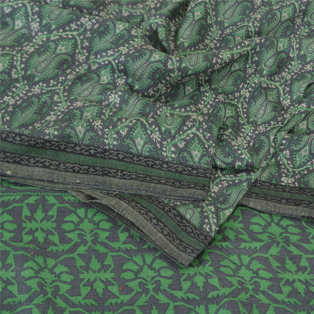 Sanskriti Vintage Sari 100% Pure Woolen Grey/Green Fabric Printed/Woven Sarees