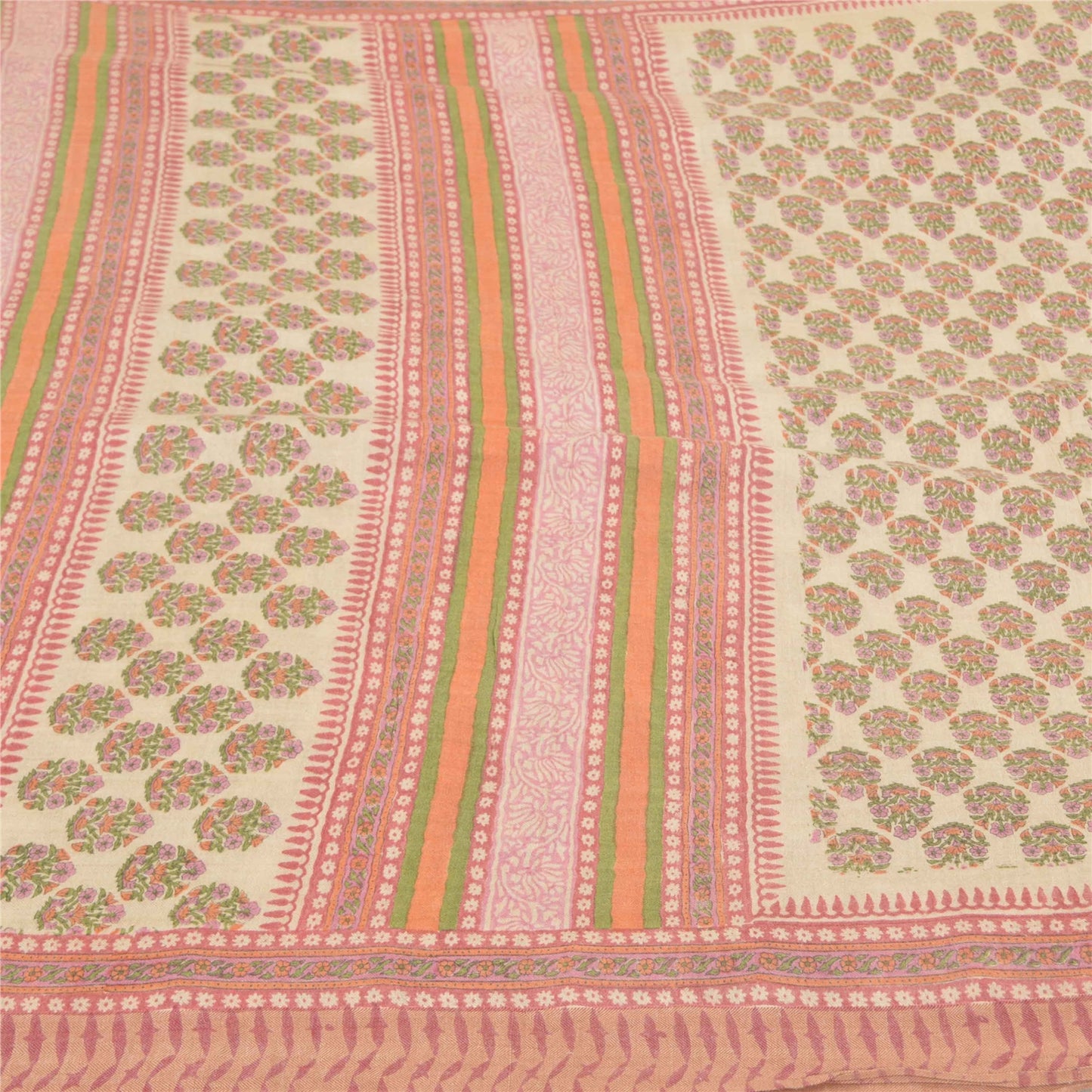 Sanskriti Vintage Indian Sari 100% Pure Woolen Ivory/Pink Fabric Printed Sarees